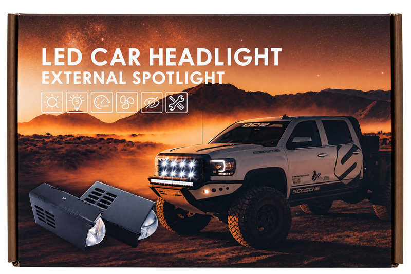 Box packaging for an LED car headlight external spotlight, featuring a desert landscape photo with a white off-road truck and the text 'LED CAR HEADLIGHT EXTERNAL SPOTLIGHT' plus feature icons. Two black spotlight units are shown in front of the box.