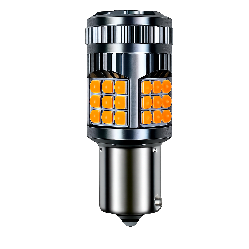 A cylindrical LED automotive light bulb with a metallic silver base and black top, featuring two columns of bright orange square LED chips on a white background.