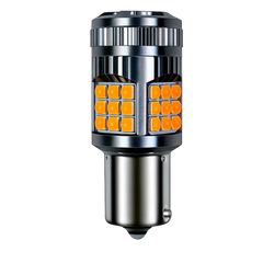 A cylindrical LED automotive light bulb with a metallic silver base and black top, featuring two columns of bright orange square LED chips on a white background.