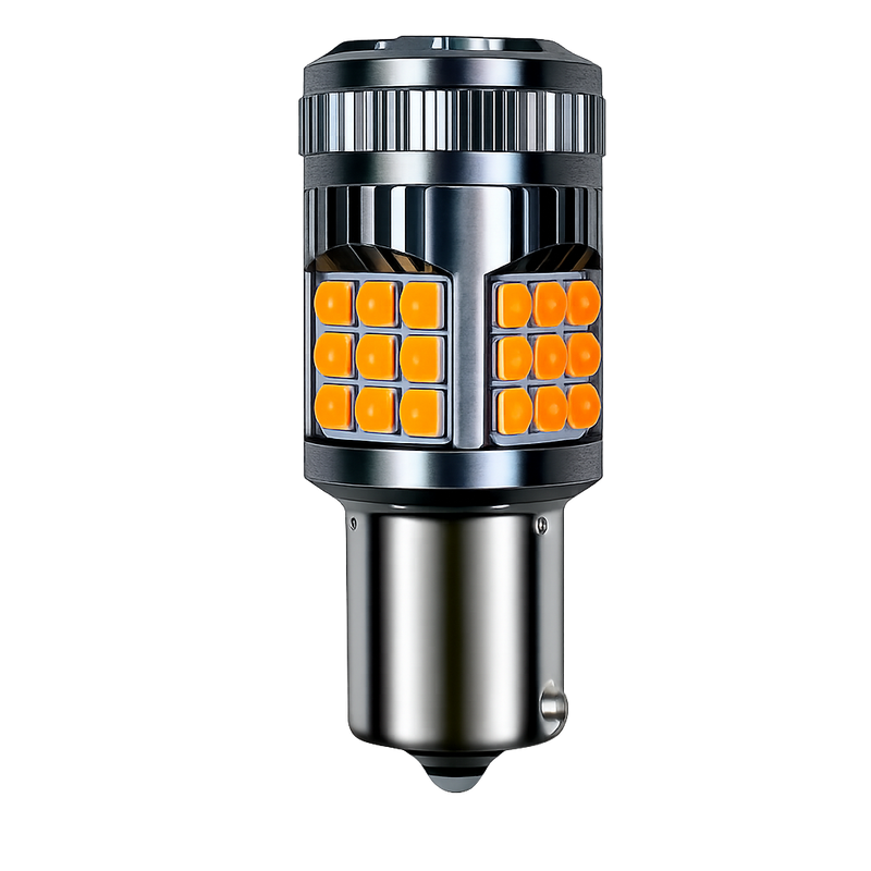 A cylindrical LED automotive light bulb with a metallic silver base and black top, featuring two columns of bright orange square LED chips on a white background.