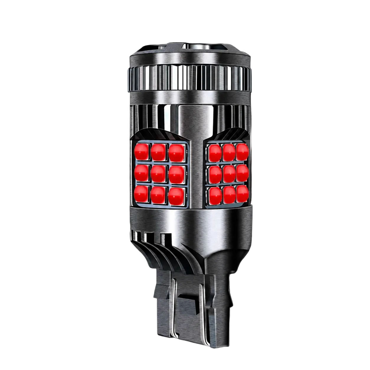A single automotive LED light bulb with a brushed silver metal body and four red square LEDs visible on each side, shown against a solid black background.