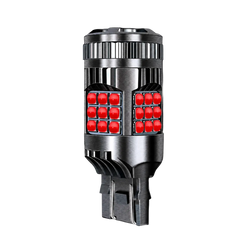 A single automotive LED light bulb with a brushed silver metal body and four red square LEDs visible on each side, shown against a solid black background.