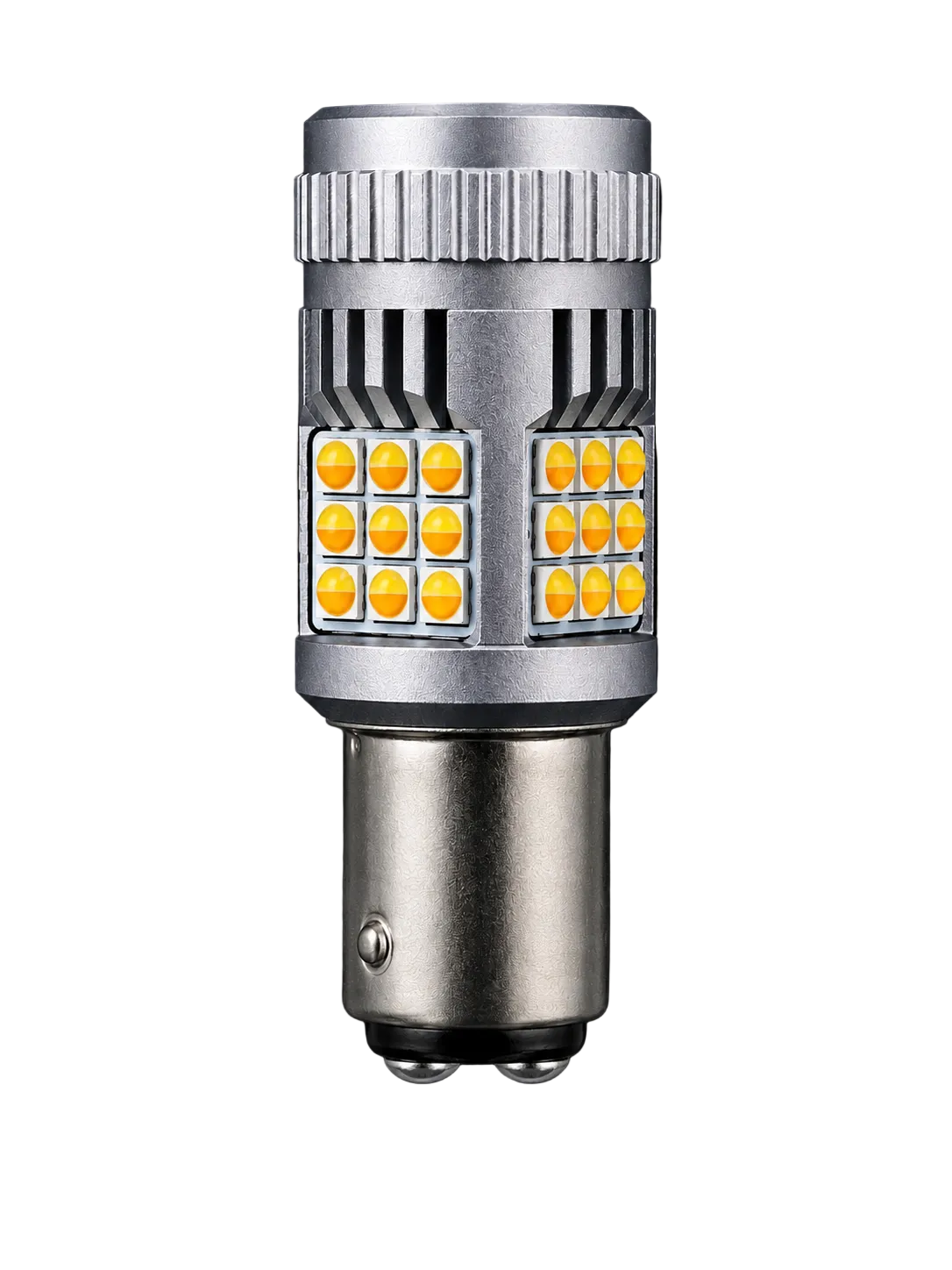 A silver metal LED light bulb with two rows of yellow-orange LED chips on the front, set against a solid black background.