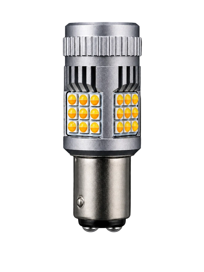 A silver metal LED light bulb with two rows of yellow-orange LED chips on the front, set against a solid black background.