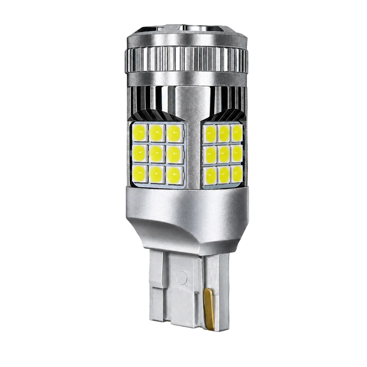 A silver aluminum LED light bulb with two vertical arrays of yellow-gold surface-mounted LED chips, shown against a solid black background.