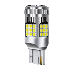 A silver aluminum LED light bulb with two vertical arrays of yellow-gold surface-mounted LED chips, shown against a solid black background.