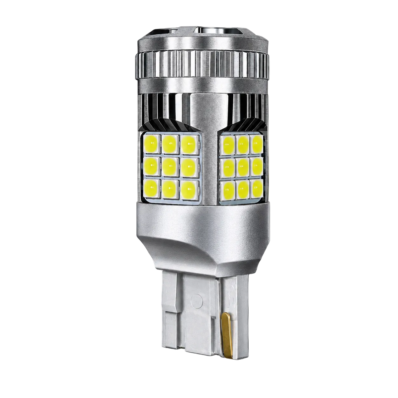 A silver aluminum LED light bulb with two vertical arrays of yellow-gold surface-mounted LED chips, shown against a solid black background.