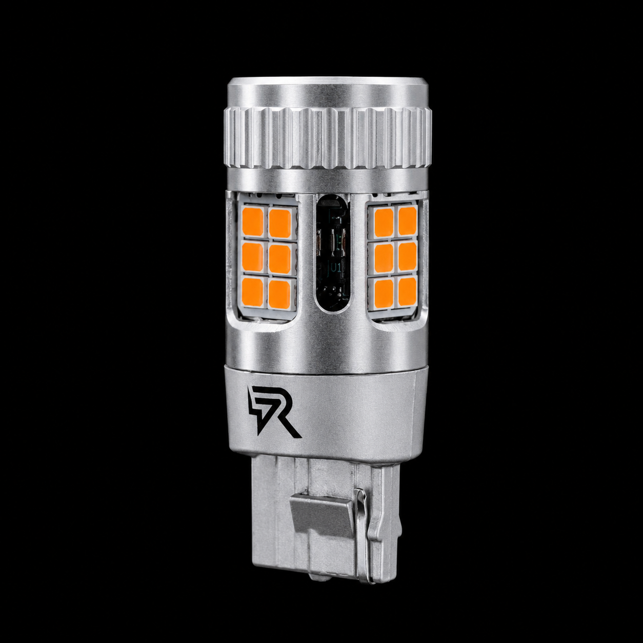 A silver T10 LED car light bulb with orange LED chips, shown against a solid black background.