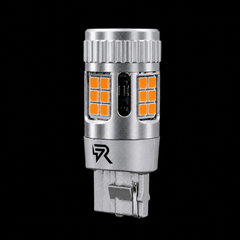 A silver T10 LED car light bulb with orange LED chips, shown against a solid black background.