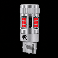 A silver metal automotive LED light bulb with red LED chips visible on the front, set against a solid black background.