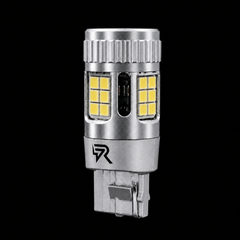 A silver LED car light bulb with yellow LED chips, featuring a ribbed top and a T10 base, shown against a solid black background.