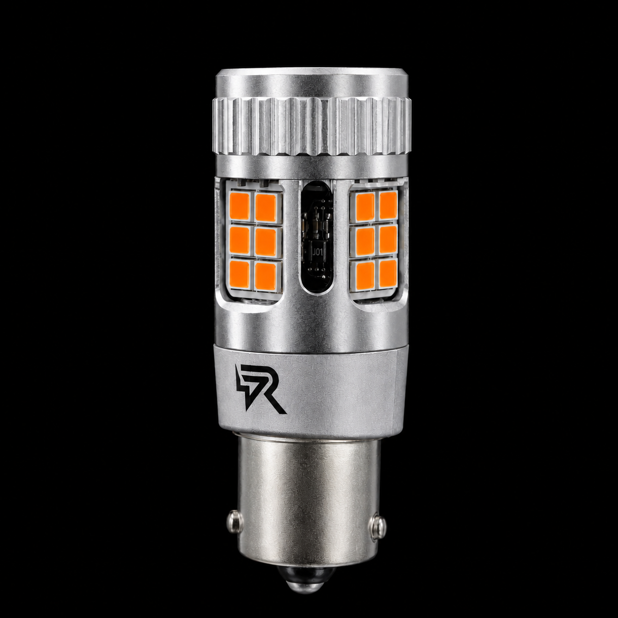 A silver metal LED car light bulb with orange LED chips visible on both sides, set against a solid black background.