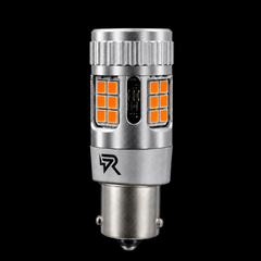 A silver metal LED car light bulb with orange LED chips visible on both sides, set against a solid black background.