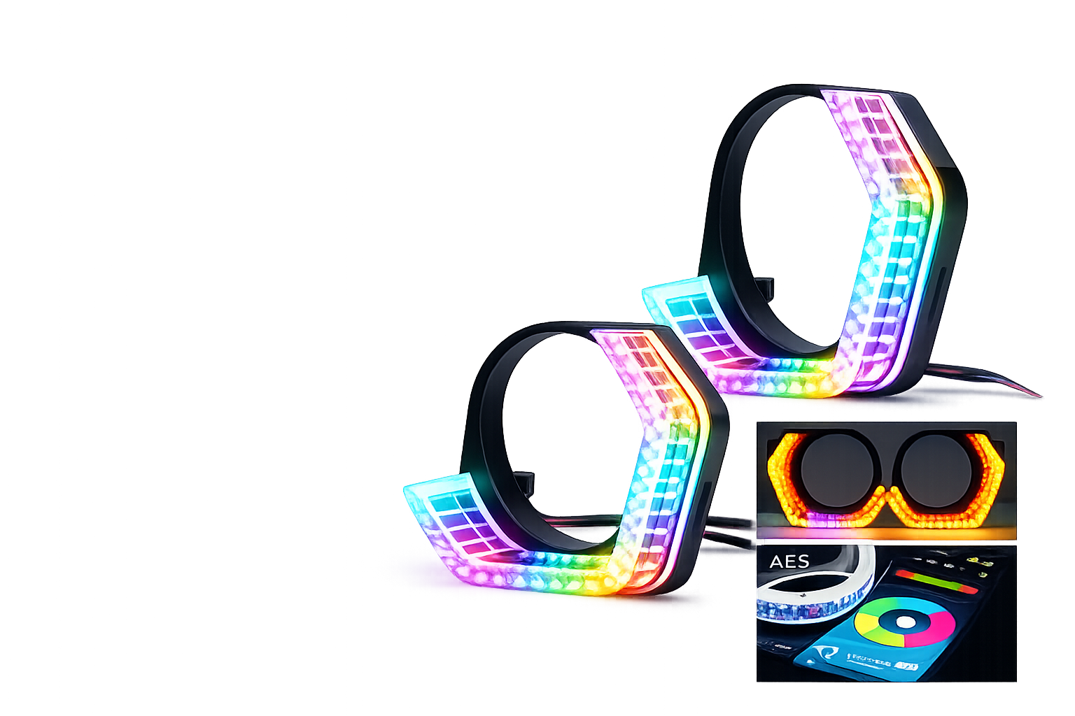 Riglow™ Powered by AES M3 5D RGB Crystal Half Hex Angel Eye Halo Rings – Bluetooth App Controlled with Welcome Function & Switchback