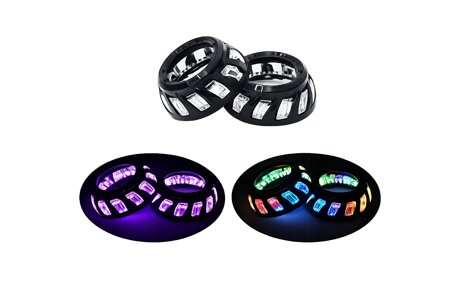 Riglow™ Crystal Cut RGB Projector Shrouds – Gem-Style Chasing LED Halo with DRL and Switchback