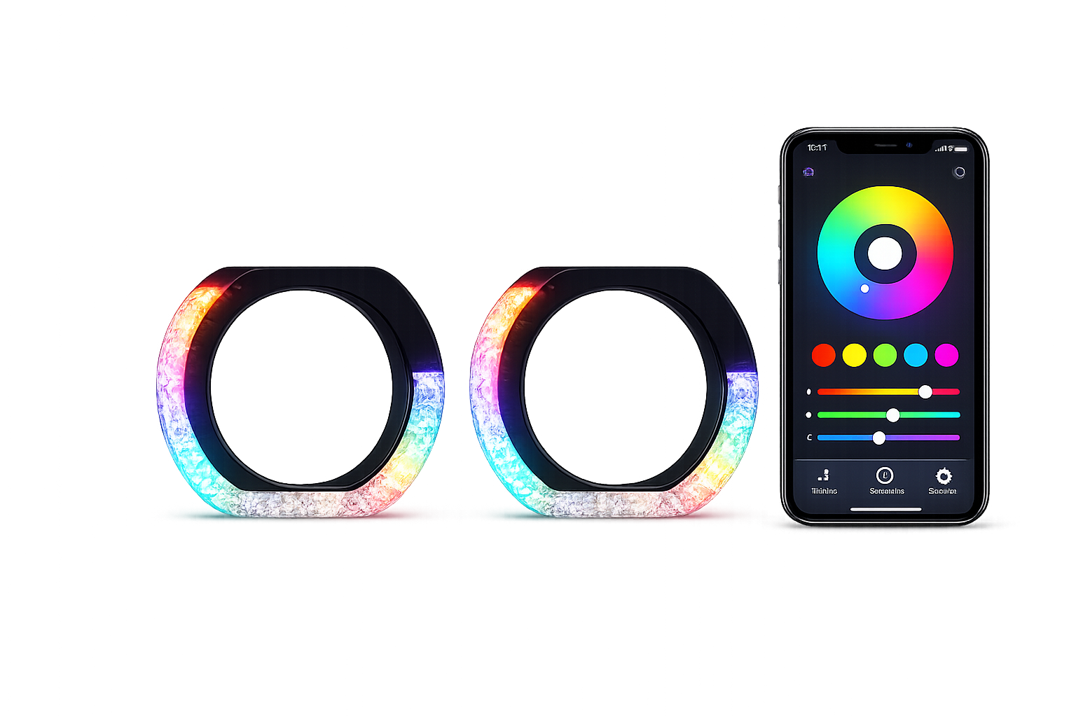 Riglow™ Powered by AES M9-L 5D RGB Crystal L-Shape Angel Eye Halo Rings – Bluetooth App Controlled with Welcome Function & Switchback