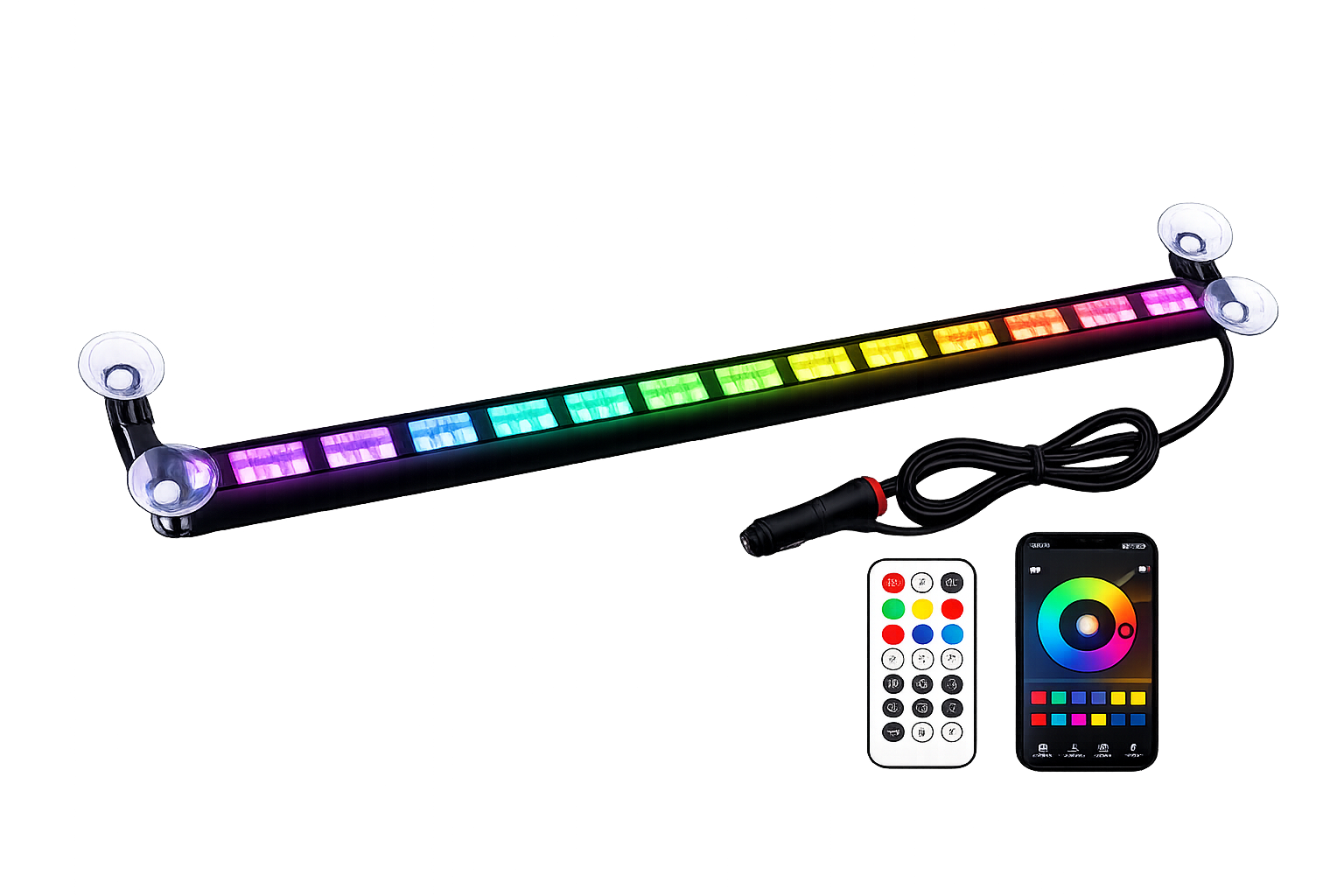 RGB LED strip light with remote controls on a white background