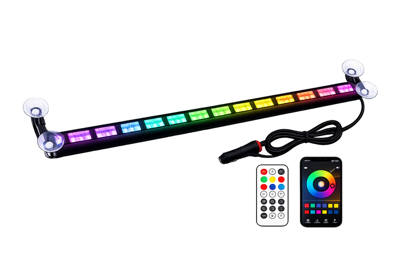 RGB LED strip light with remote controls on a white background