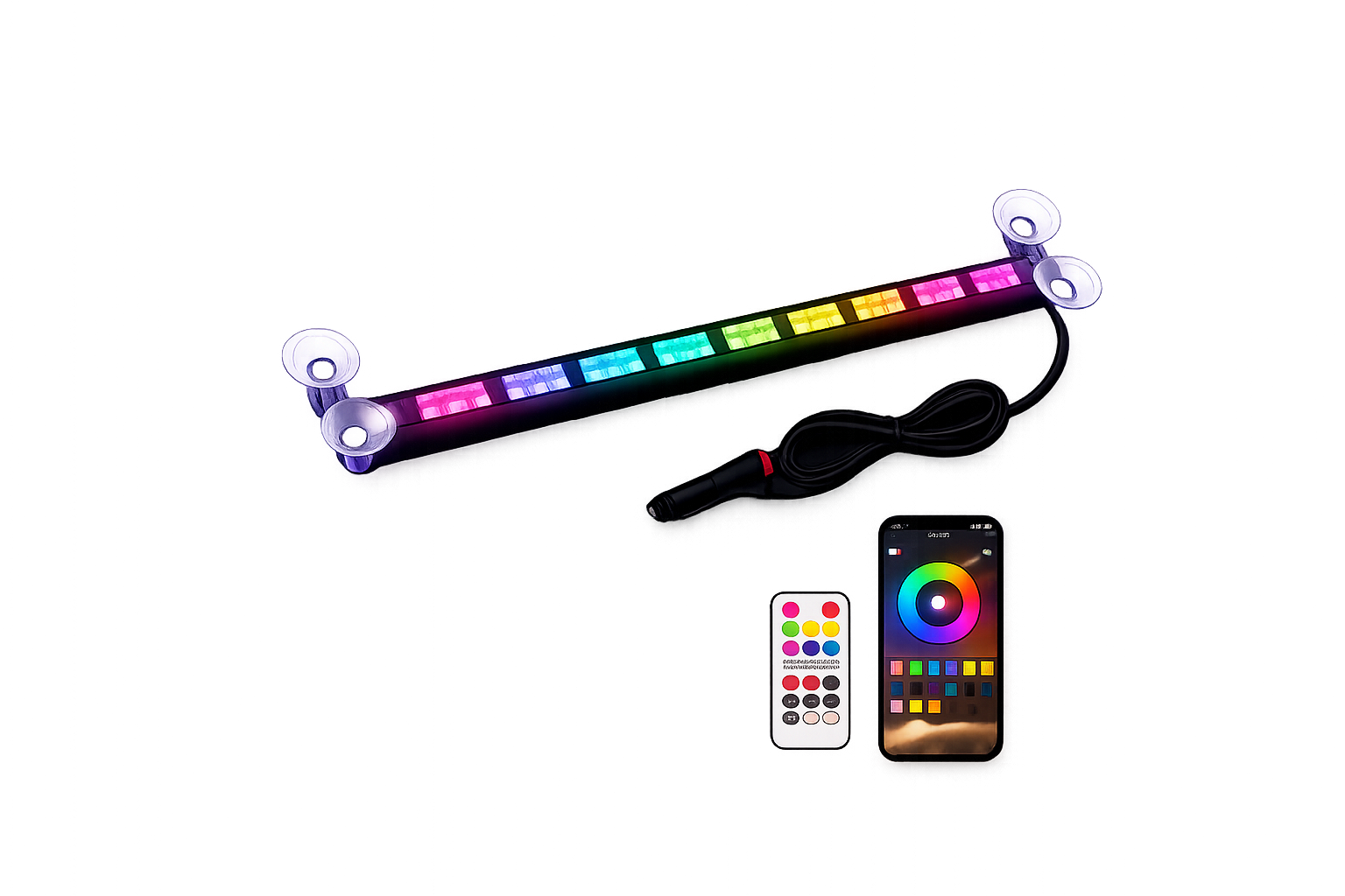 RGB LED strip light with remote control and smartphone app on a white background
