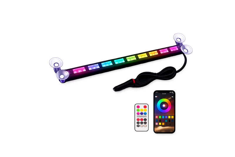 RGB LED strip light with remote control and smartphone app on a white background
