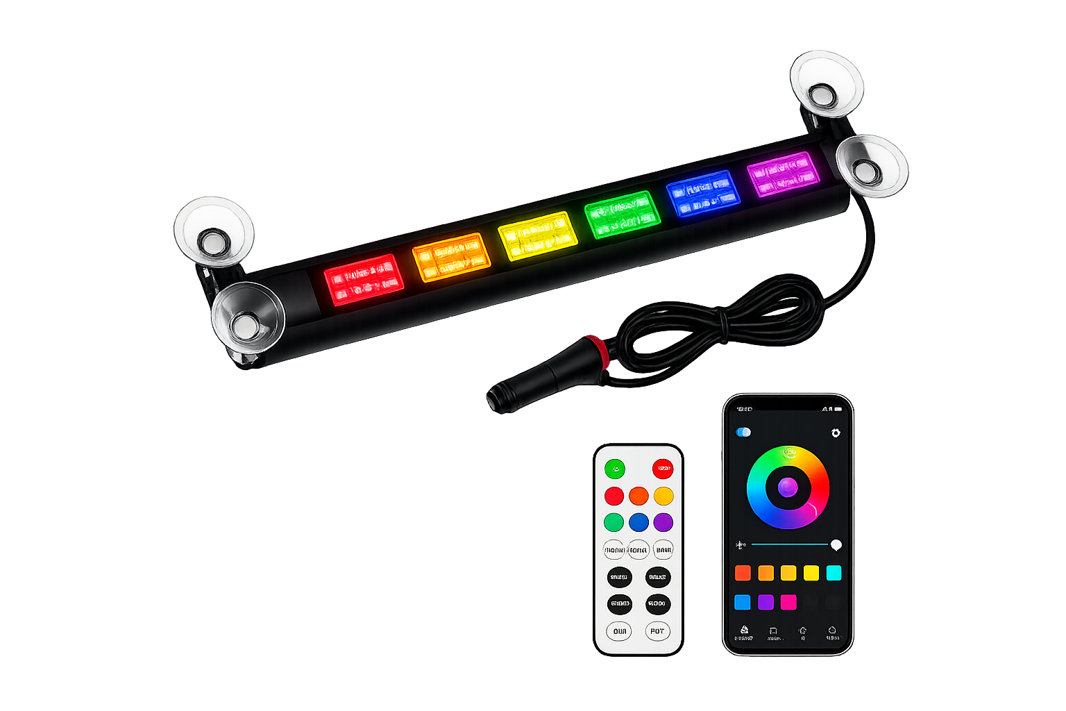 LED strip light with remote control and smartphone app on a white background