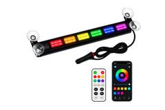 LED strip light with remote control and smartphone app on a white background