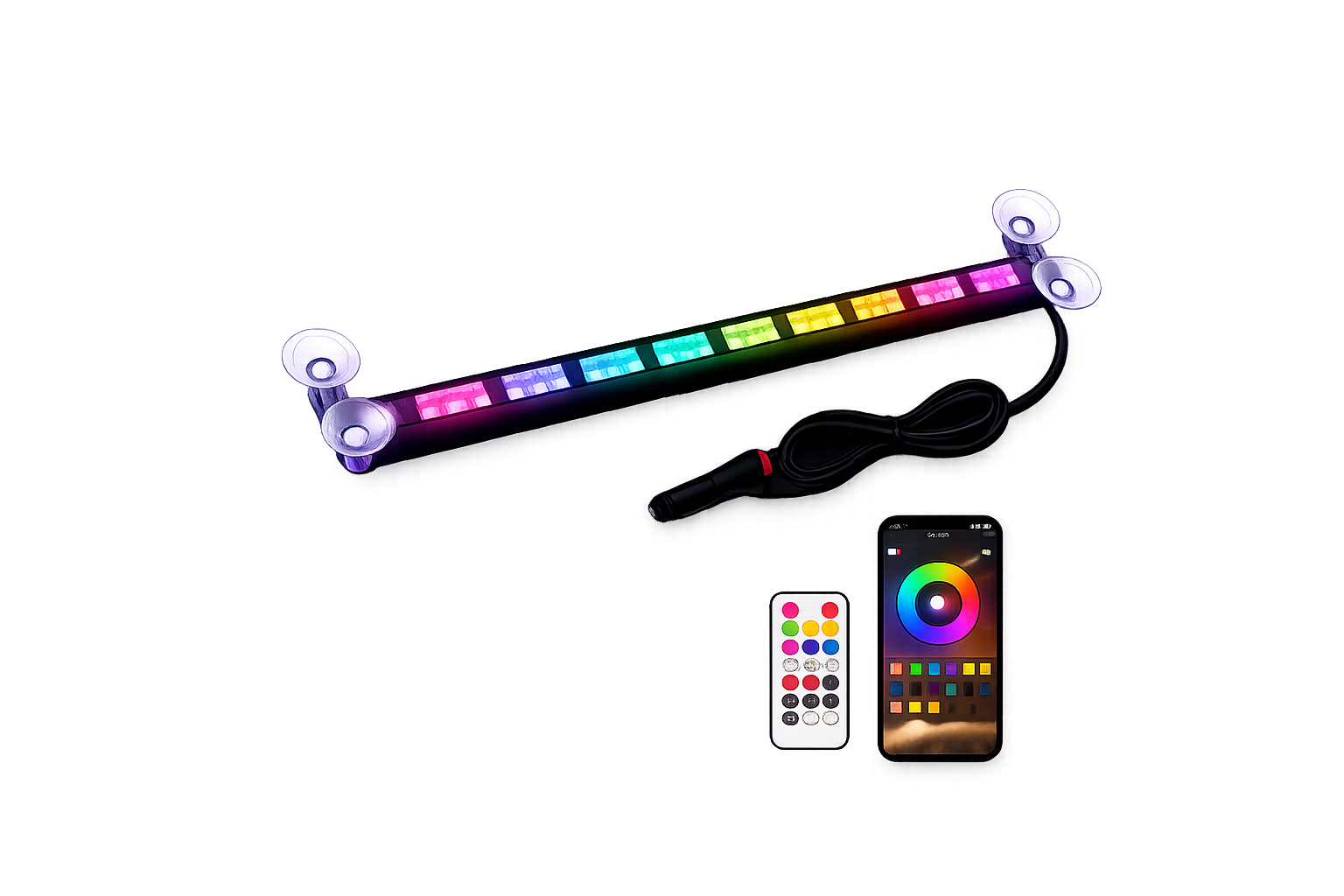 RGB LED strip light with remote control and smartphone app on a white background