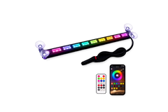 RGB LED strip light with remote control and smartphone app on a white background