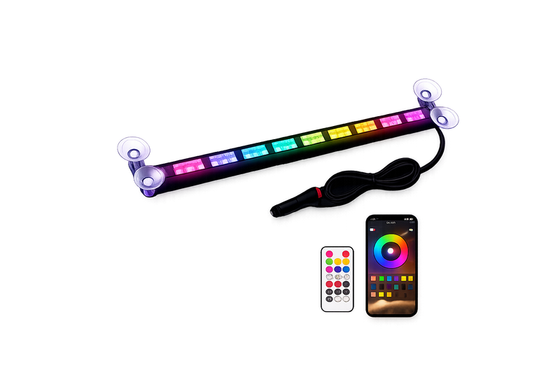 RGB LED strip light with remote control and smartphone app on a white background
