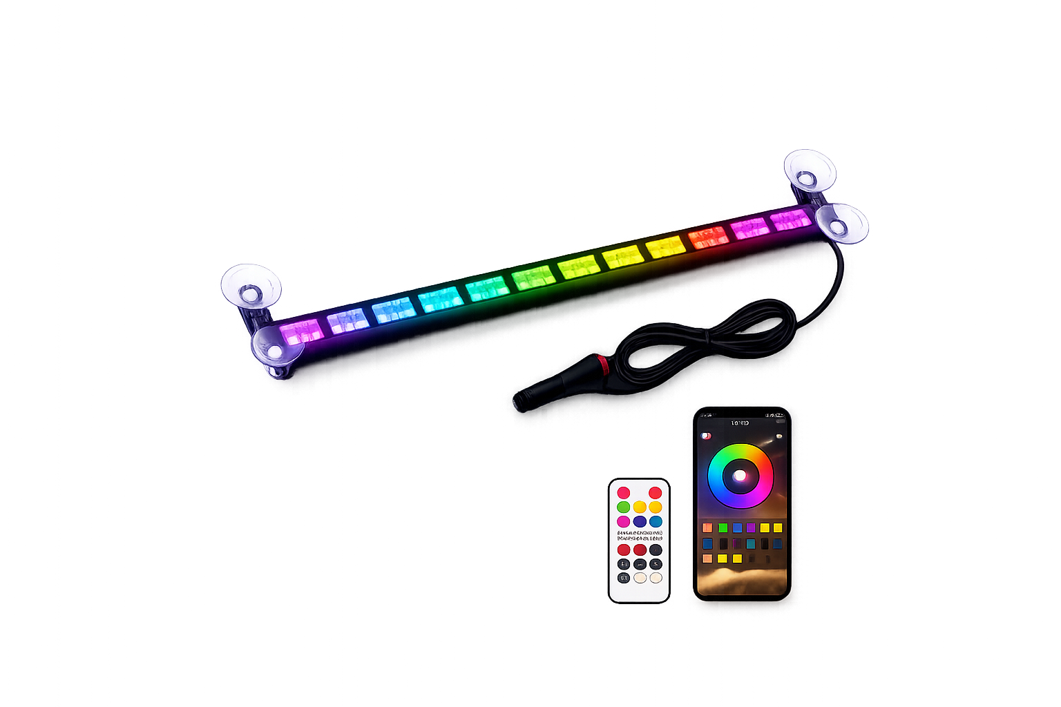 RGB LED strip light with remote control and smartphone app on a white background