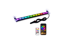 RGB LED strip light with remote control and smartphone app on a white background
