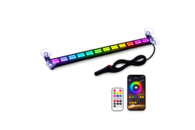 RGB LED strip light with remote control and smartphone app on a white background