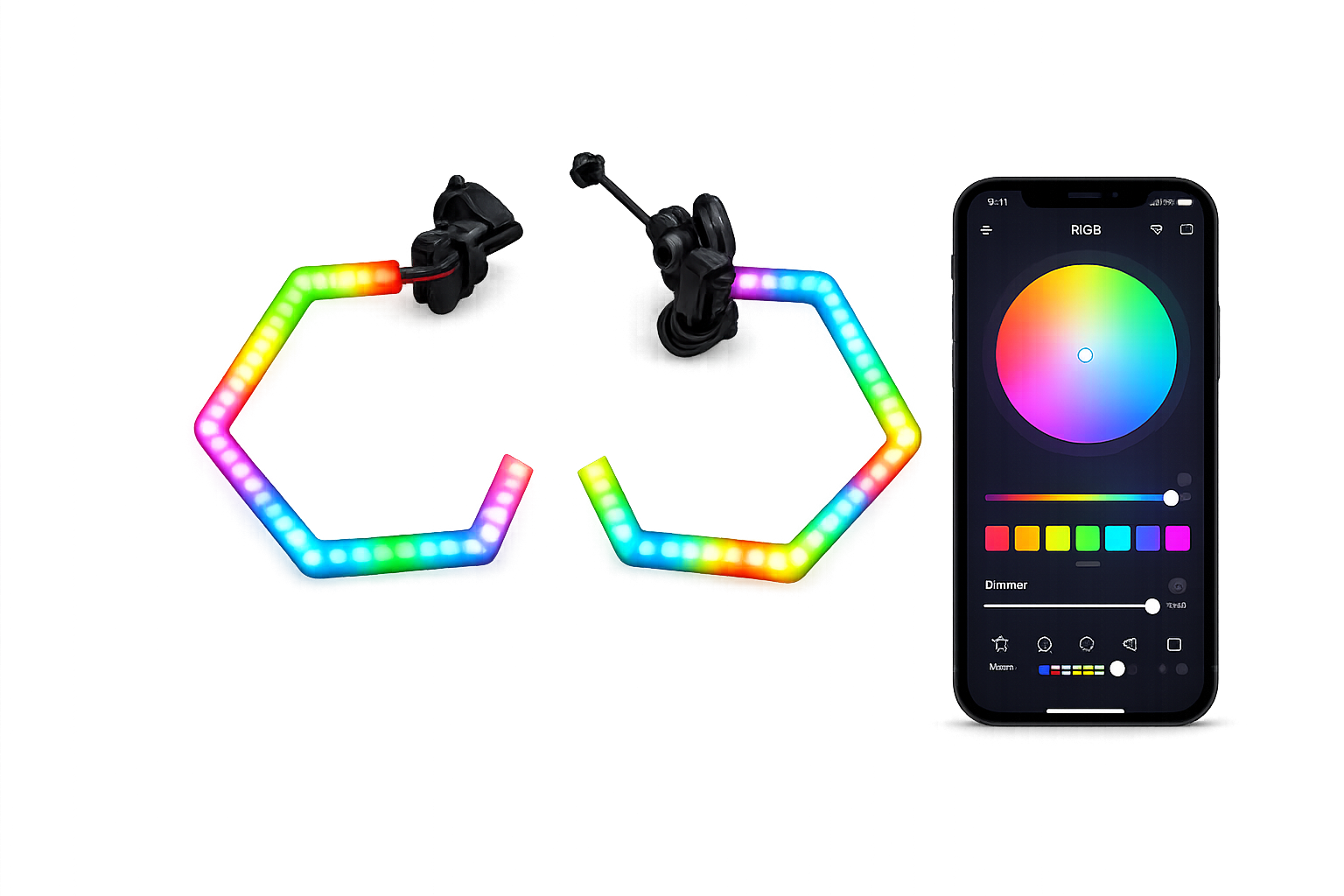 Riglow™ RGB Chasing Half Hex Halo Rings – 80mm Milky White Diffused Cover (Pair)-1