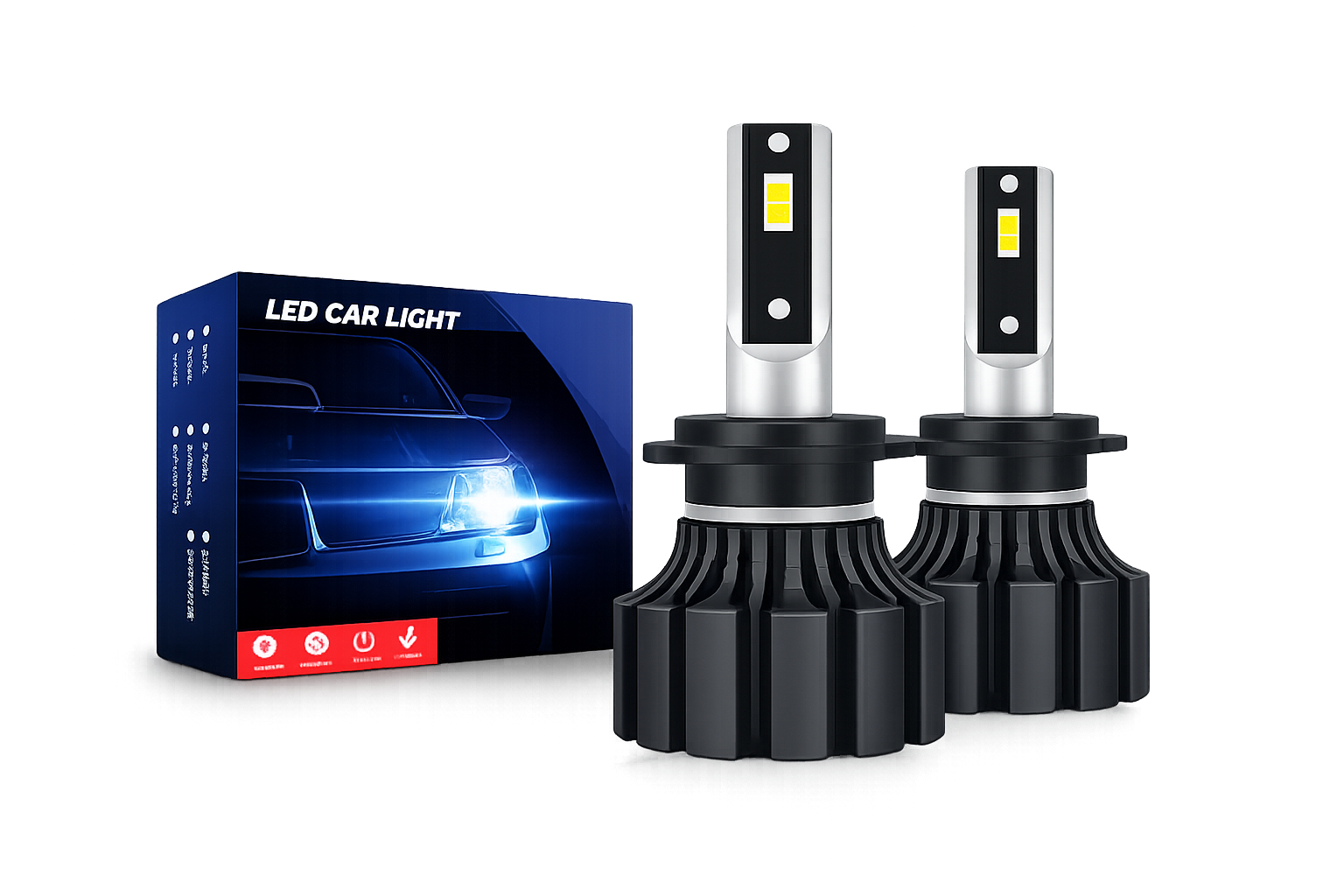Two LED car light bulbs with packaging on a white background