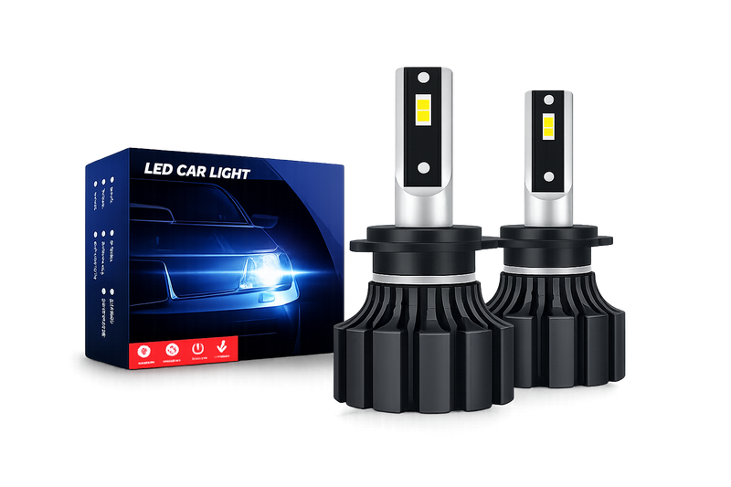 Two LED car light bulbs with packaging on a white background