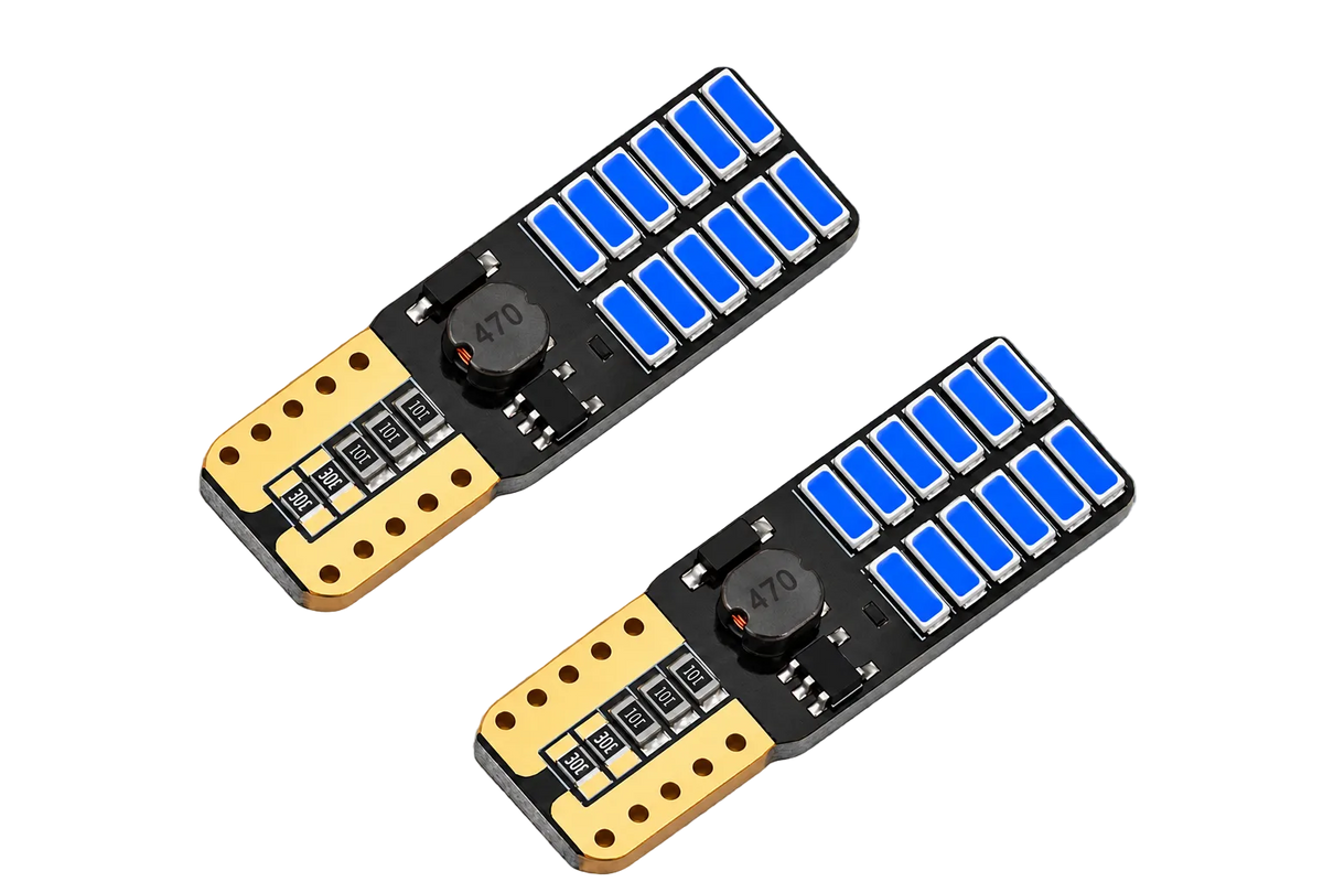 Two automotive LED tail light assemblies with blue lenses, black housings, and gold-colored terminal ends, displayed on a gray textured background.