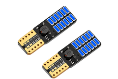 Two automotive LED tail light assemblies with blue lenses, black housings, and gold-colored terminal ends, displayed on a gray textured background.