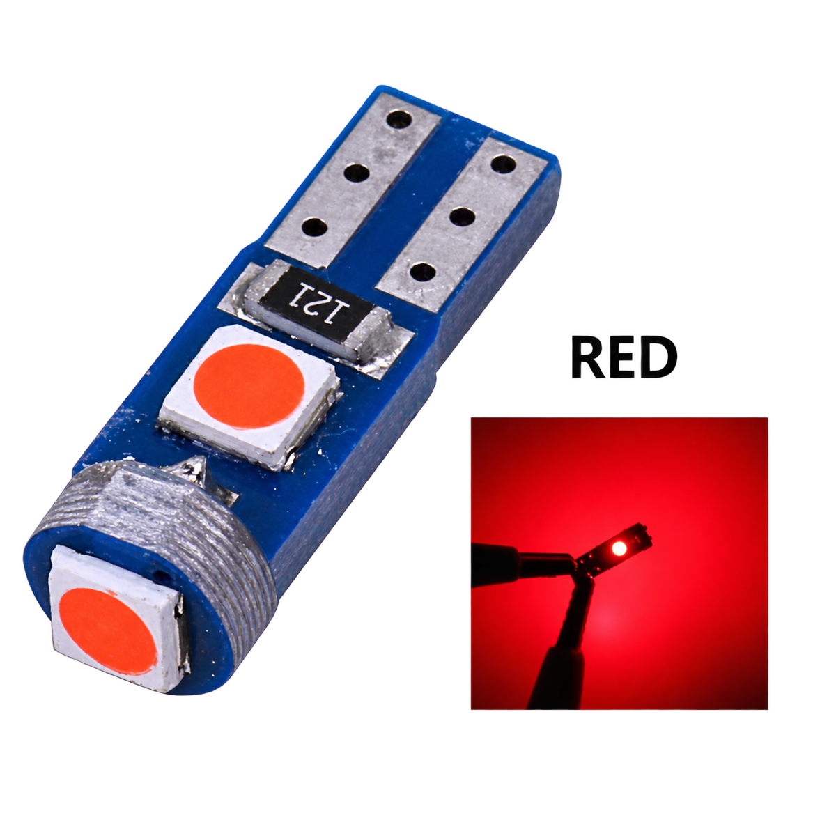 Blue LED light bulb module with two orange-red circular lenses, a small black 12T resistor, and a silver metal base, shown on a white background with a red inset demonstrating the illuminated red light.