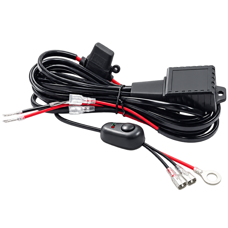 Black electrical wiring harness with a toggle switch, fuse connectors, and red wire leads on a white background.
