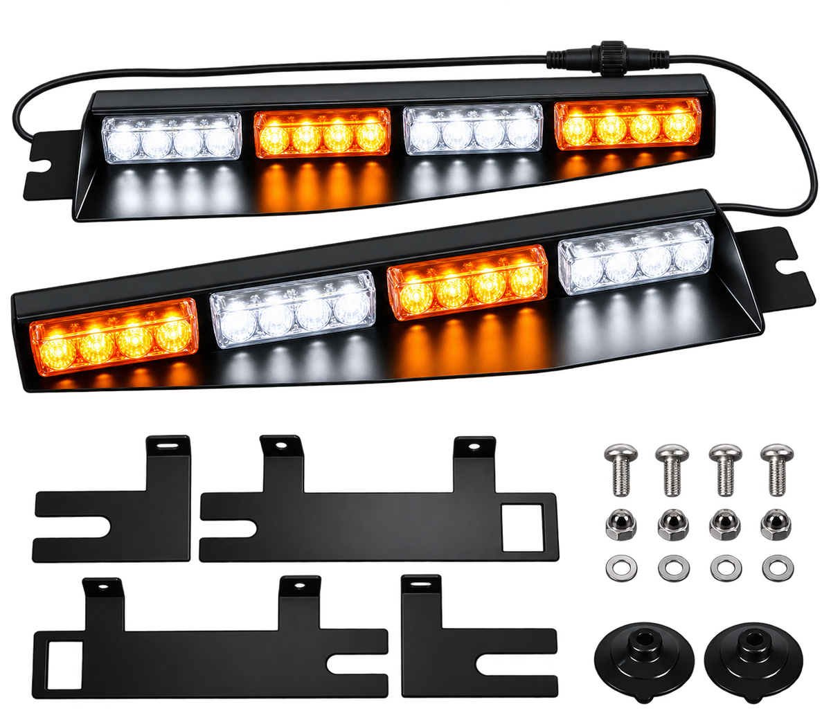 Two black rectangular LED light bars with white and amber lights, shown with mounting brackets, screws, washers, and nuts on a white background.