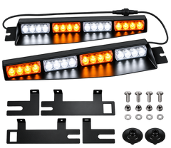 Two black rectangular LED light bars with white and amber lights, shown with mounting brackets, screws, washers, and nuts on a white background.