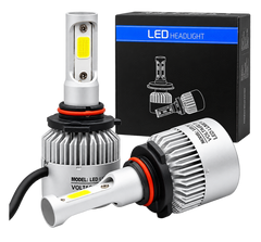 Two LED headlight bulbs with silver heat sinks and black collars, shown alongside their black retail box labeled LED HEADLIGHT.