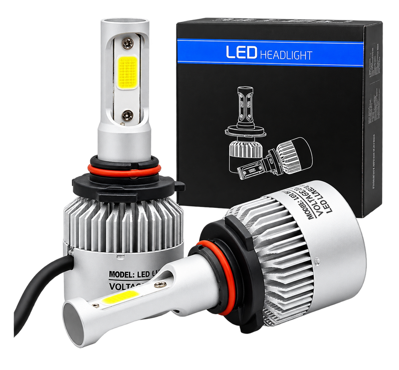 Two LED headlight bulbs with silver heat sinks and black collars, shown alongside their black retail box labeled LED HEADLIGHT.