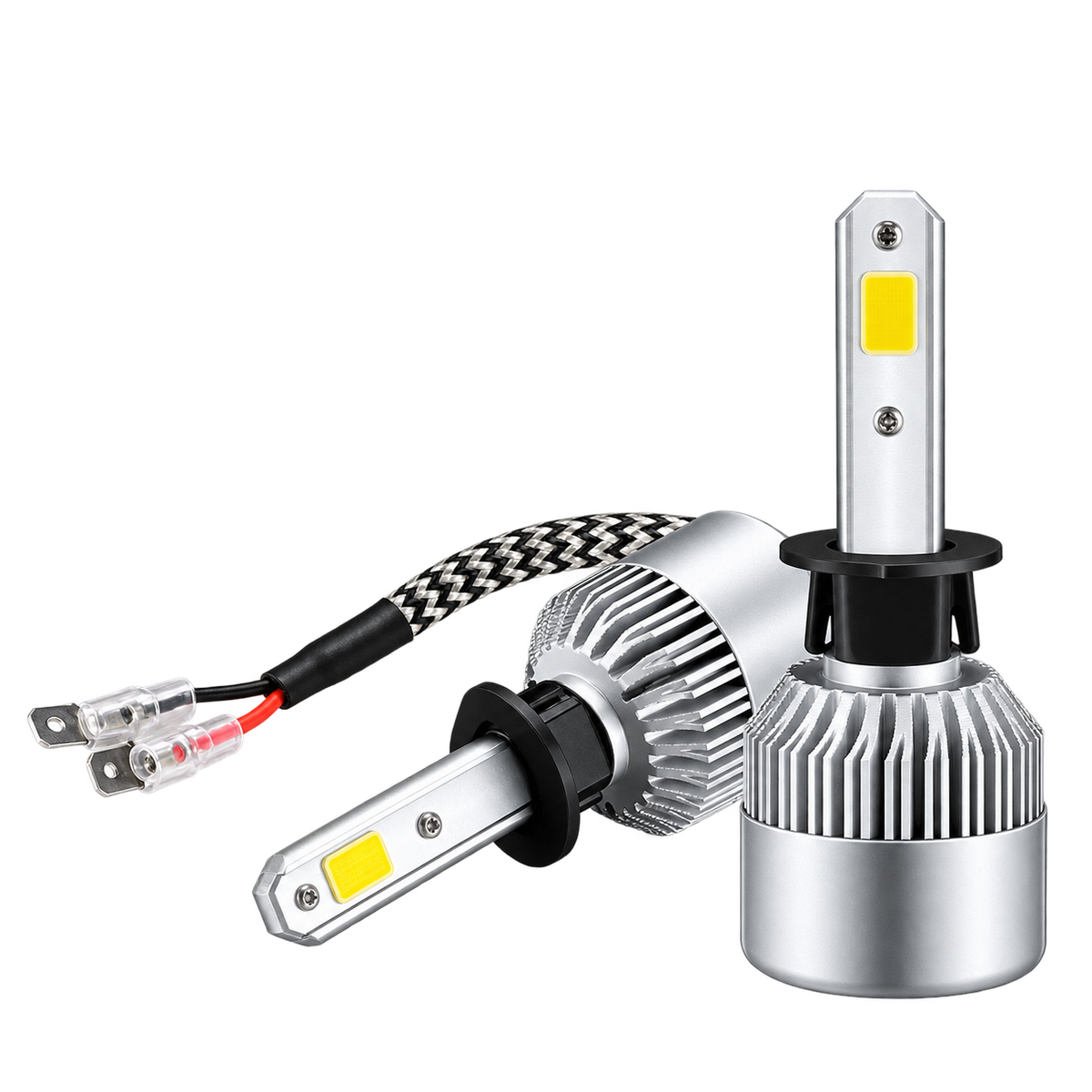 Two silver LED car headlight bulbs with ribbed heat sinks, yellow LED chips, and black connectors, shown on a plain white background.
