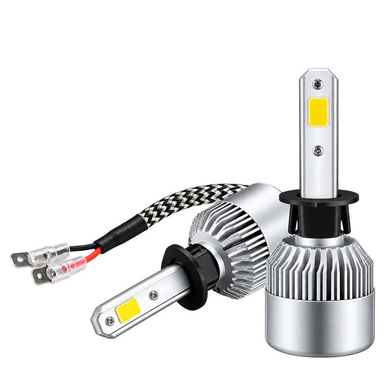 Two silver LED car headlight bulbs with ribbed heat sinks, yellow LED chips, and black connectors, shown on a plain white background.