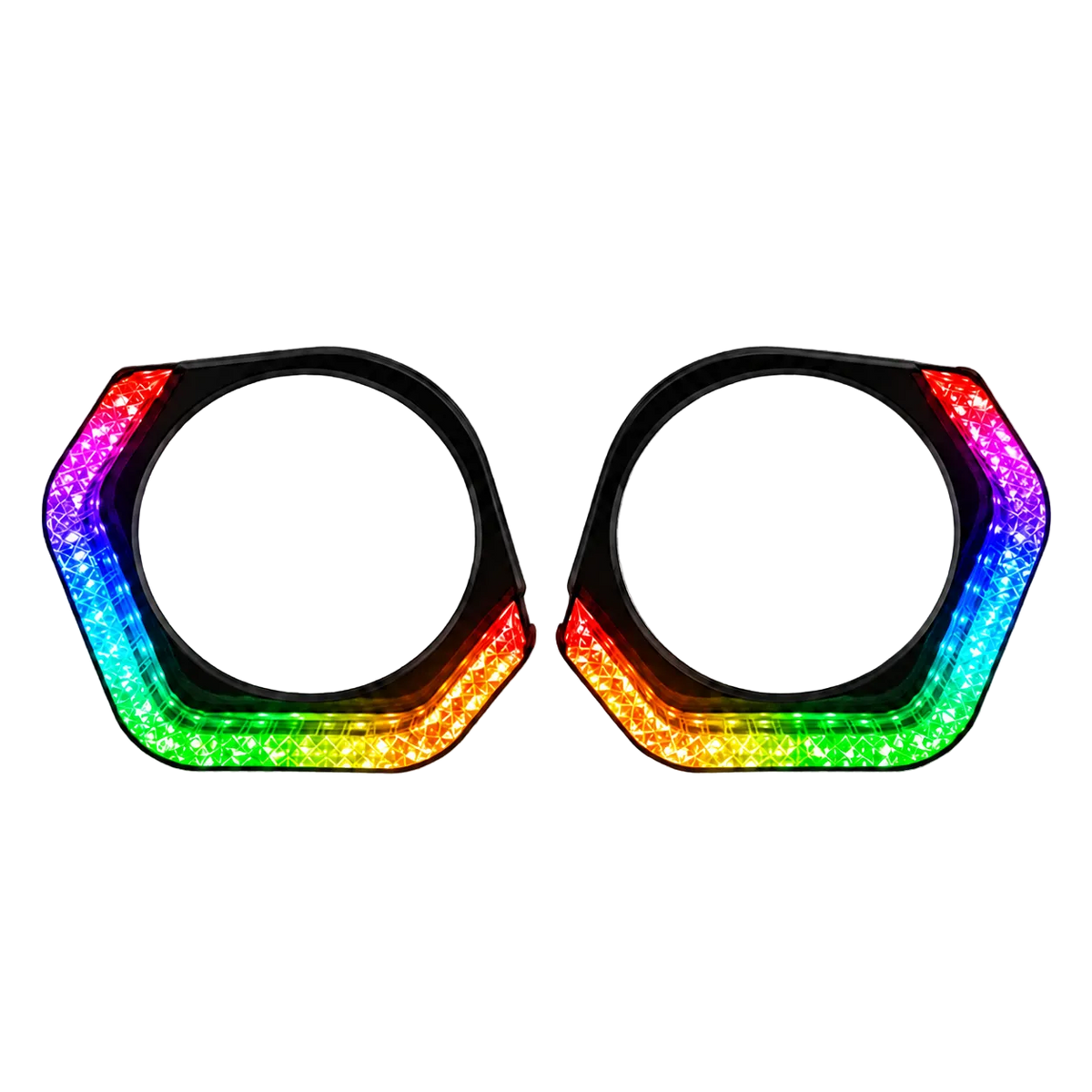 Two black hexagonal ring-shaped accessories with bright rainbow LED lighting along the outer edges, shown on a transparent checkerboard background.