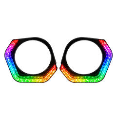 Two black hexagonal ring-shaped accessories with bright rainbow LED lighting along the outer edges, shown on a transparent checkerboard background.