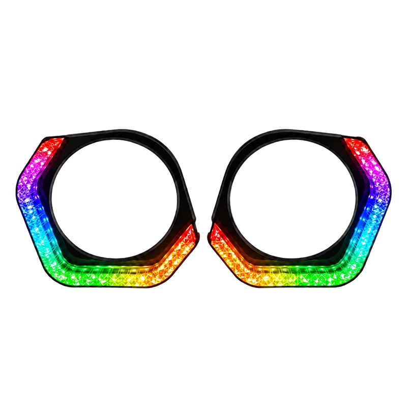 Two black hexagonal ring-shaped accessories with bright rainbow LED lighting along the outer edges, shown on a transparent checkerboard background.