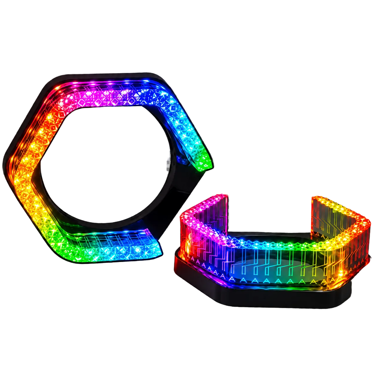 Two hexagonal LED light bars with a black frame, one standing upright and the other lying down, both illuminated with a rainbow color spectrum on a gray checkered background.
