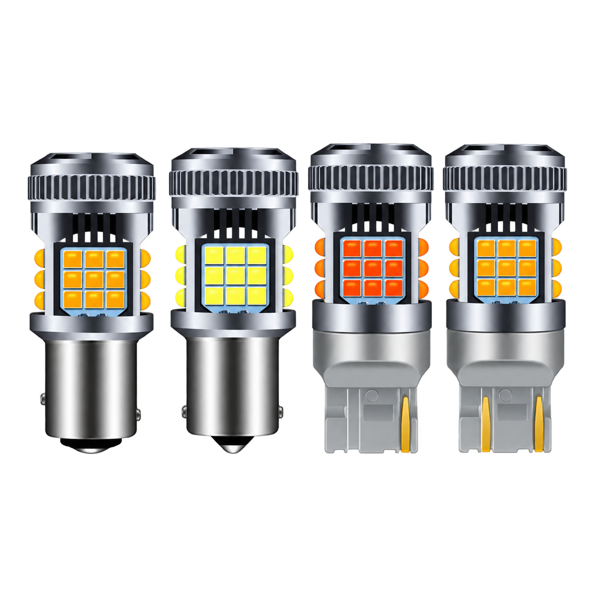 Four LED car light bulbs arranged side by side on a plain white background, showing different light outputs and bulb types.
